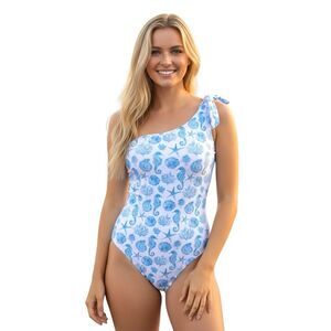 NWT AQUA Swim Blue White One Piece One Shoulder Swimsuit
